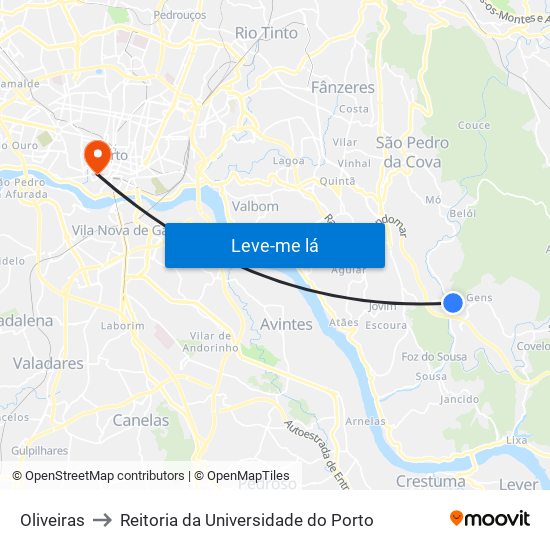 Oliveiras to Reitoria da Universidade do Porto map