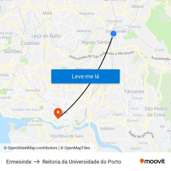 Ermesinde to Reitoria da Universidade do Porto map
