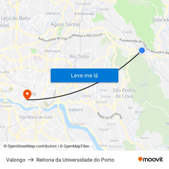 Valongo to Reitoria da Universidade do Porto map