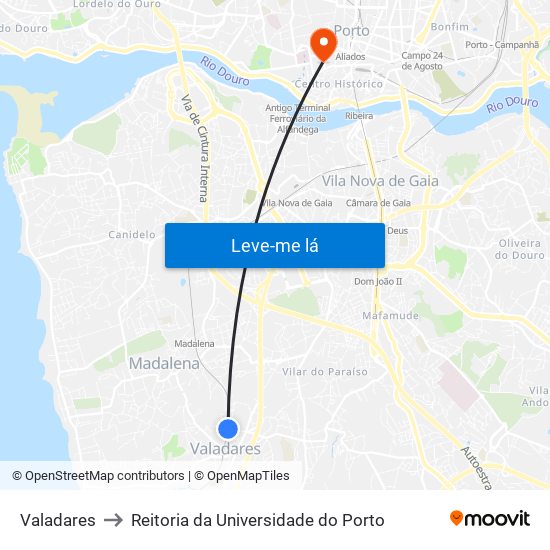 Valadares to Reitoria da Universidade do Porto map