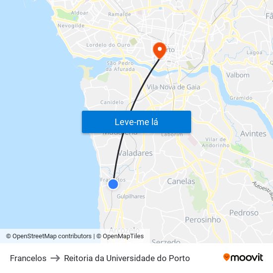 Francelos to Reitoria da Universidade do Porto map