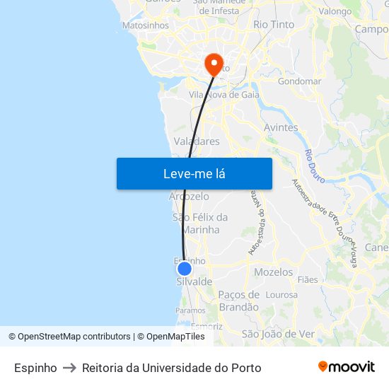 Espinho to Reitoria da Universidade do Porto map