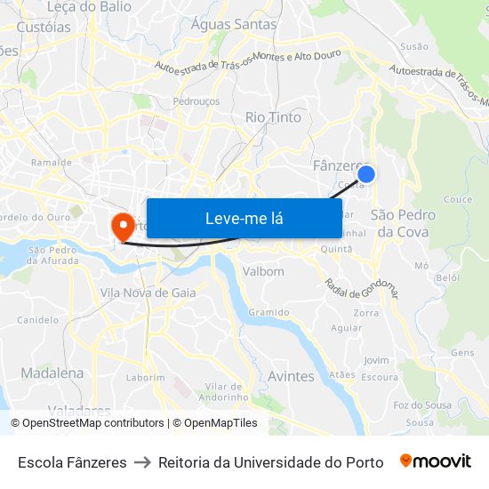 Escola Fânzeres to Reitoria da Universidade do Porto map