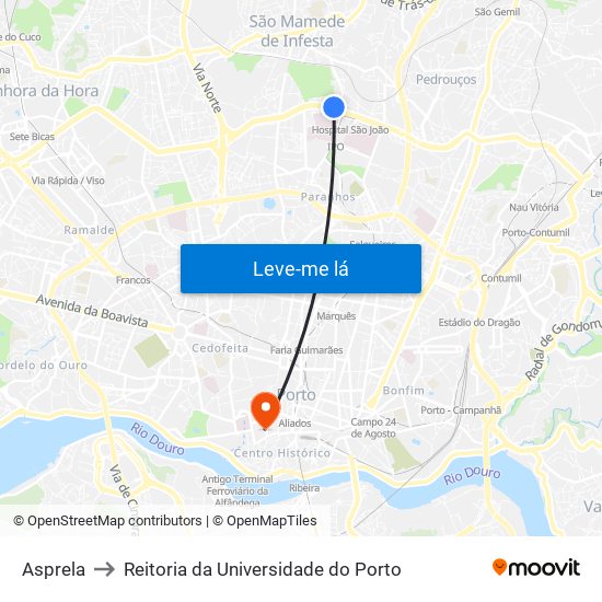 Asprela to Reitoria da Universidade do Porto map