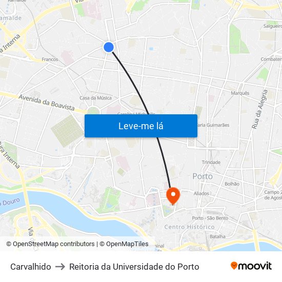 Carvalhido to Reitoria da Universidade do Porto map