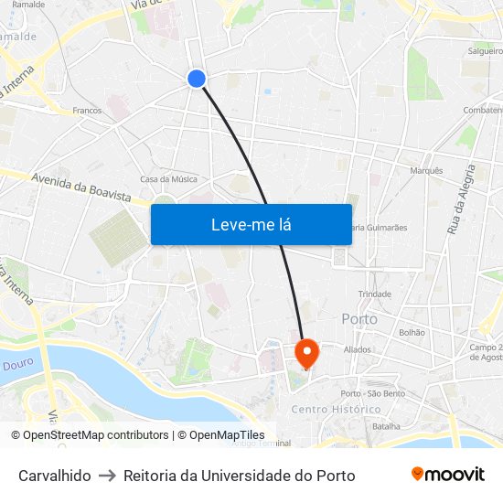 Carvalhido to Reitoria da Universidade do Porto map