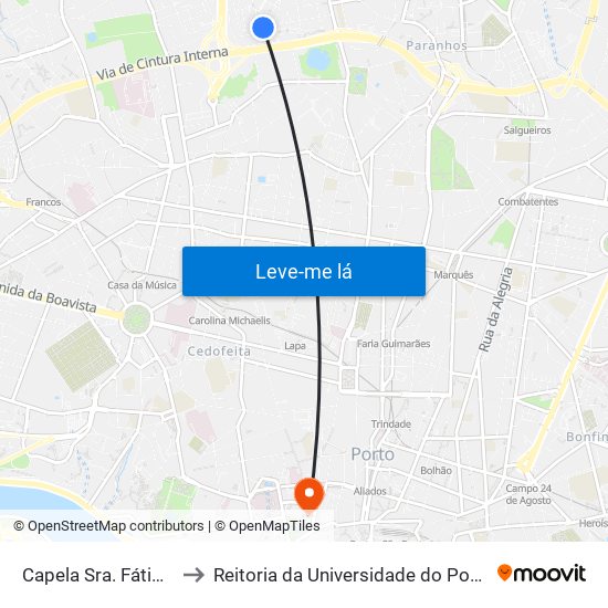 Capela Sra. Fátima to Reitoria da Universidade do Porto map
