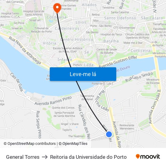 General Torres to Reitoria da Universidade do Porto map