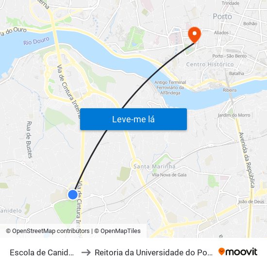 Escola de Canidelo to Reitoria da Universidade do Porto map