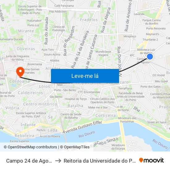 Campo 24 de Agosto to Reitoria da Universidade do Porto map