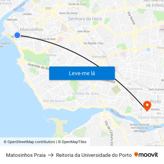 Matosinhos Praia to Reitoria da Universidade do Porto map