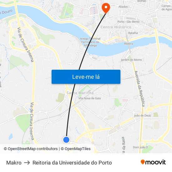 Makro to Reitoria da Universidade do Porto map