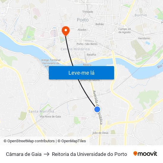 Câmara de Gaia to Reitoria da Universidade do Porto map