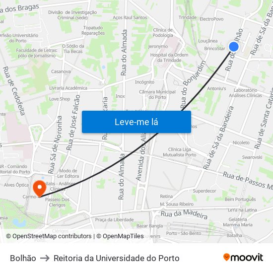Bolhão to Reitoria da Universidade do Porto map