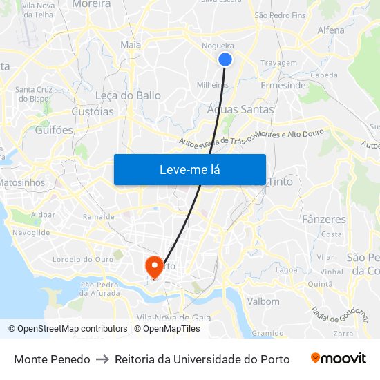 Monte Penedo to Reitoria da Universidade do Porto map