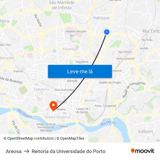 Areosa to Reitoria da Universidade do Porto map