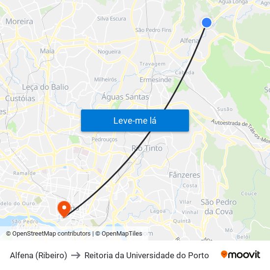 Alfena (Ribeiro) to Reitoria da Universidade do Porto map
