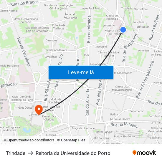 Trindade to Reitoria da Universidade do Porto map