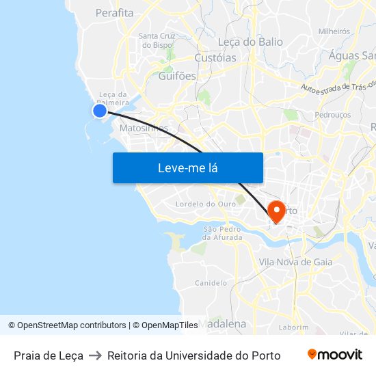 Praia de Leça to Reitoria da Universidade do Porto map