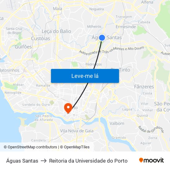 Águas Santas to Reitoria da Universidade do Porto map