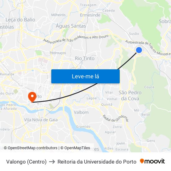 Valongo (Centro) to Reitoria da Universidade do Porto map