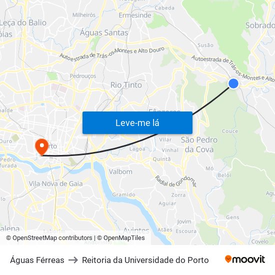 Águas Férreas to Reitoria da Universidade do Porto map