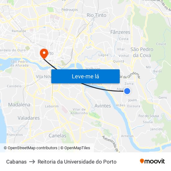Cabanas to Reitoria da Universidade do Porto map