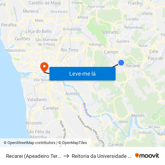 Recarei (Apeadeiro Terronhas) to Reitoria da Universidade do Porto map