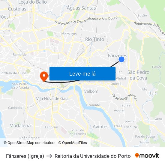 Fânzeres (Igreja) to Reitoria da Universidade do Porto map