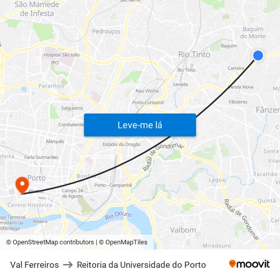 Valferreiros to Reitoria da Universidade do Porto map