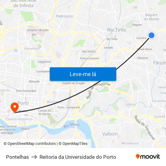 Pontelhas to Reitoria da Universidade do Porto map