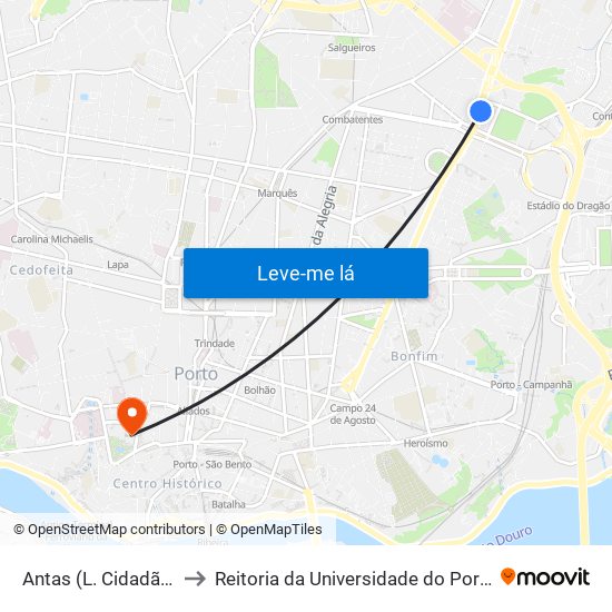 Antas (L. Cidadão) to Reitoria da Universidade do Porto map