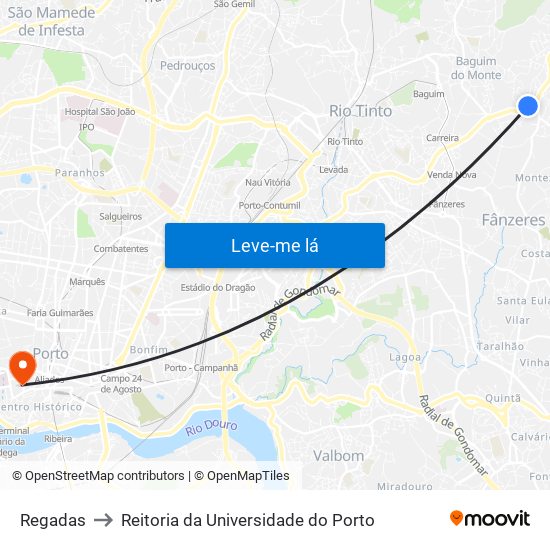 Regadas to Reitoria da Universidade do Porto map