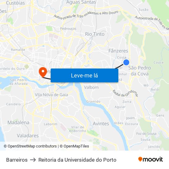 Barreiros to Reitoria da Universidade do Porto map