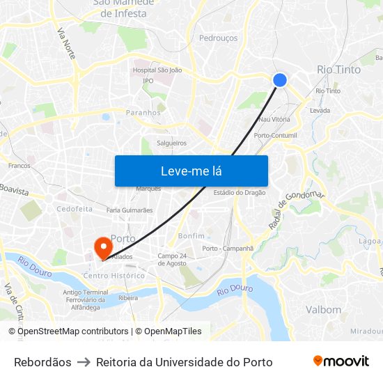 Rebordãos to Reitoria da Universidade do Porto map