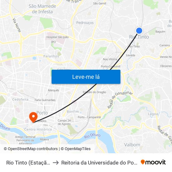 Rio Tinto (Estação) to Reitoria da Universidade do Porto map