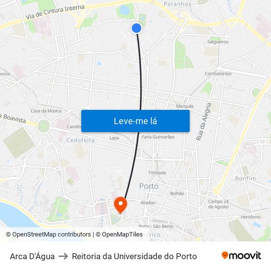 Arca D'Água to Reitoria da Universidade do Porto map
