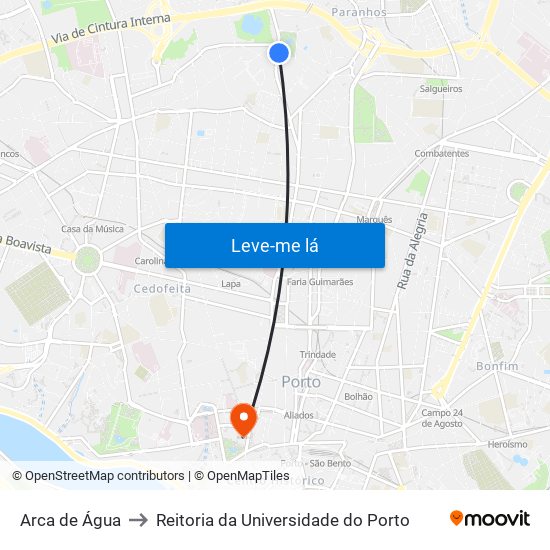 Arca de Água to Reitoria da Universidade do Porto map