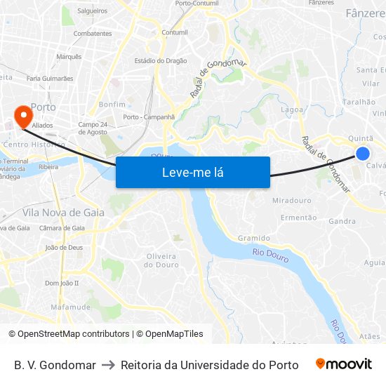 B. V. Gondomar to Reitoria da Universidade do Porto map