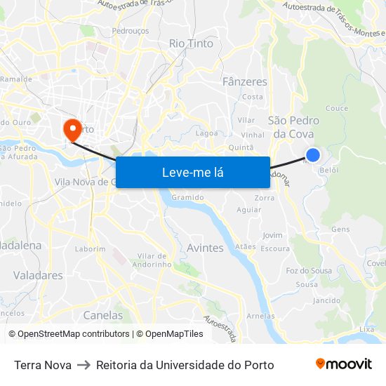 Terra Nova to Reitoria da Universidade do Porto map