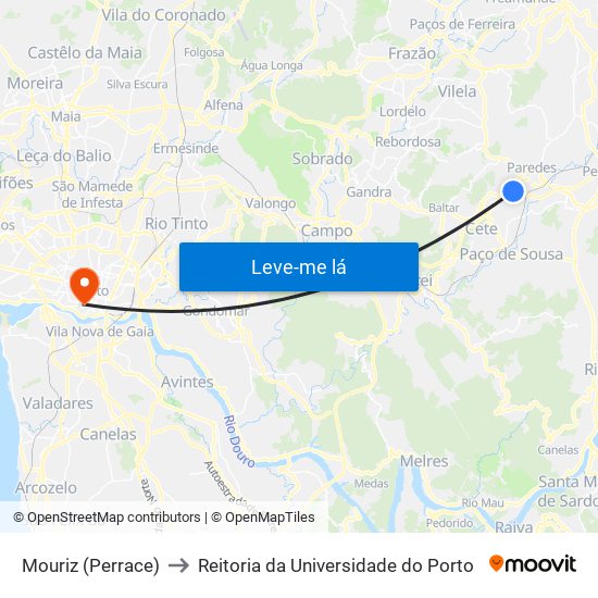 Mouriz (Perrace) to Reitoria da Universidade do Porto map