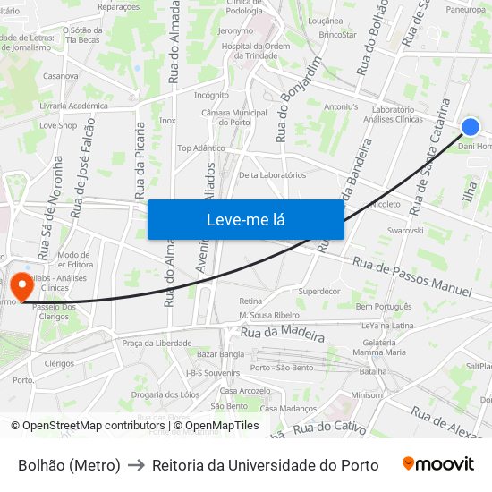 Bolhão (Metro) to Reitoria da Universidade do Porto map