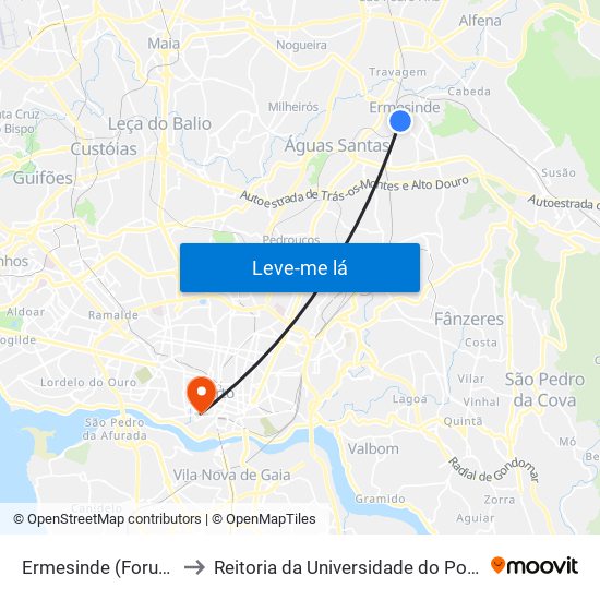 Ermesinde (Forum) to Reitoria da Universidade do Porto map