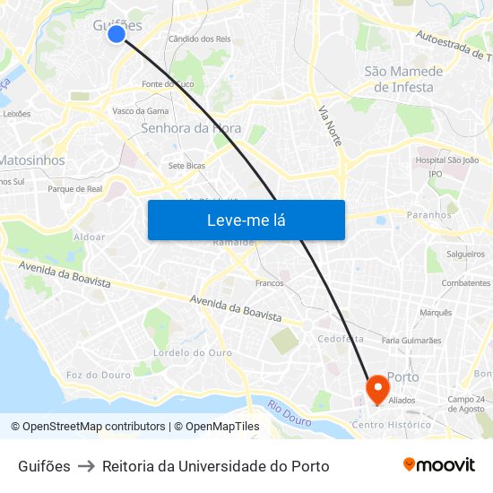 Guifões to Reitoria da Universidade do Porto map