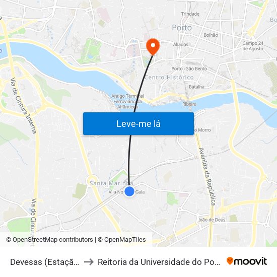 Devesas (Estação) to Reitoria da Universidade do Porto map