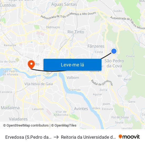 Ervedosa (S.Pedro da Cova) to Reitoria da Universidade do Porto map