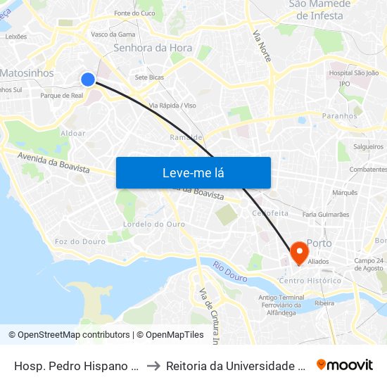 Hosp. Pedro Hispano (Metro) to Reitoria da Universidade do Porto map