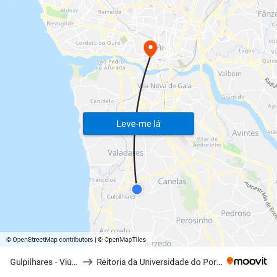 Gulpilhares - Viúva to Reitoria da Universidade do Porto map