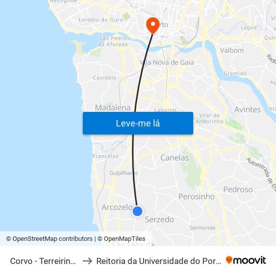 Corvo - Terreirinho to Reitoria da Universidade do Porto map