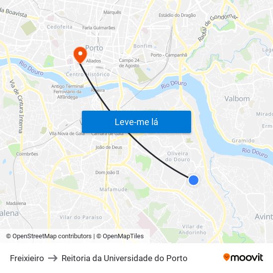 Freixieiro to Reitoria da Universidade do Porto map